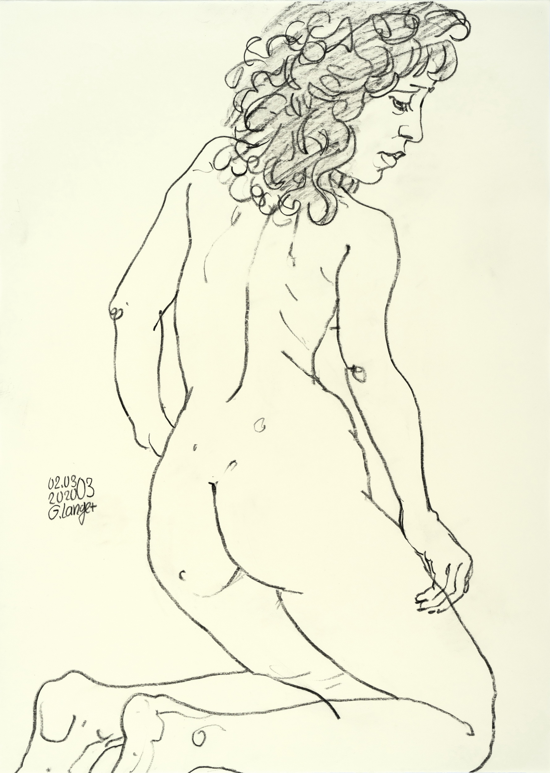 Gunter Langer, Kniendes nacktes Mädchen, 2020, Zeichenpapier, 70 x 51 cm